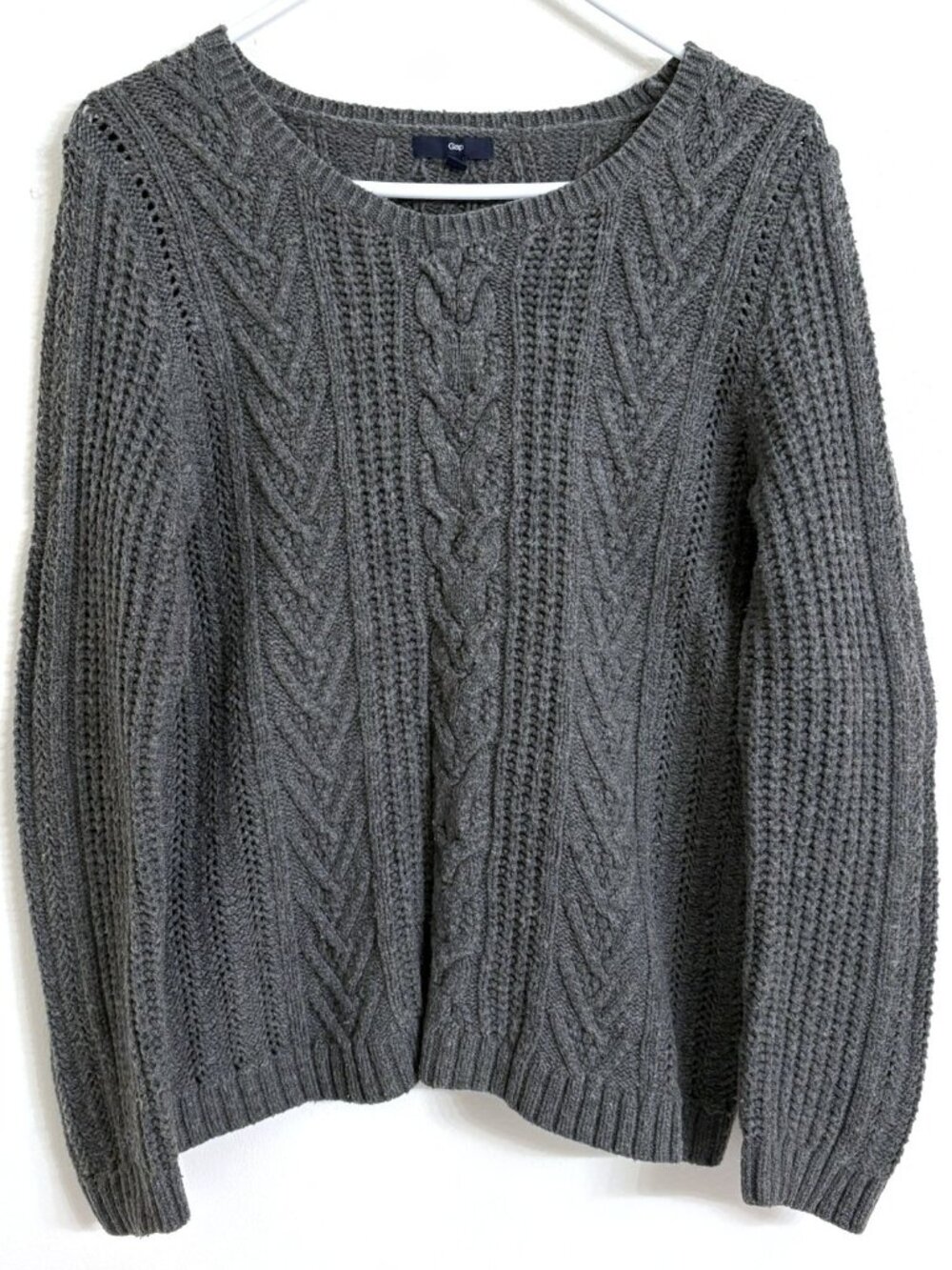 Gap Women's Gray Chunky Cable Knit Fisherman Crew Neck Size XL Sweater